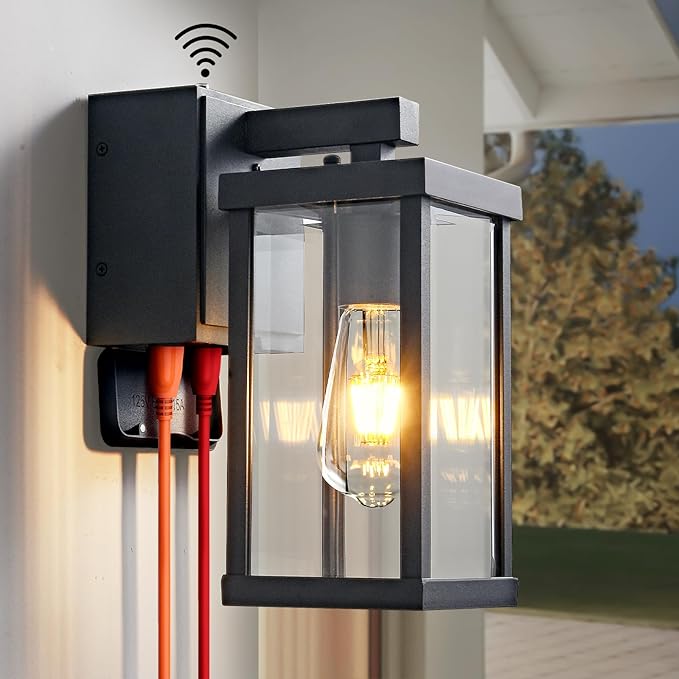 Dusk to Dawn Porch Lights with GFCI Outlets Waterproof Outdoor Wall Lights Exterior Lighting Fixtures Modern Outside Lights Wall Mount for House Patio Garage,Black,11.8''H,1PC