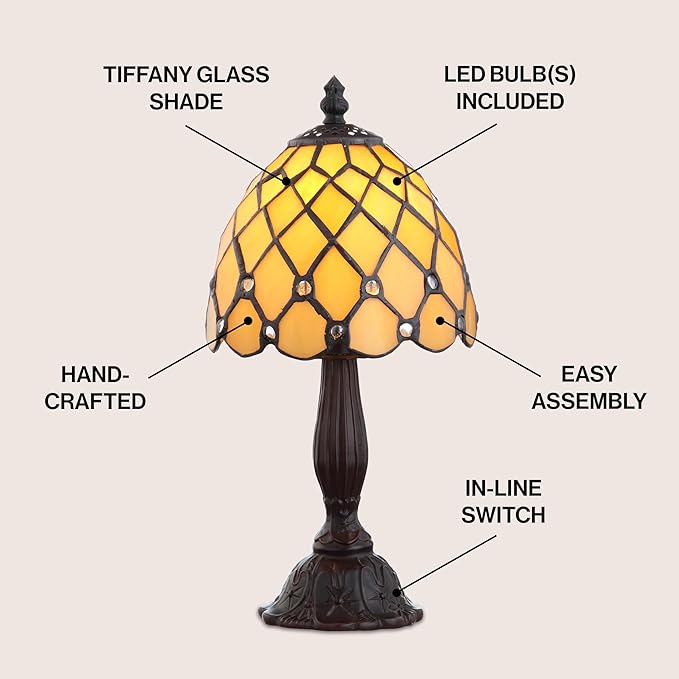 JONATHAN Y 12.5" Bronze Tiffany-Style LED Table Lamp, Handcrafted Ivory Stained Glass Bell Shade with Jewels, Traditional Resin Accent Lamp for Bedroom, LED Bulb Included JYL8015A