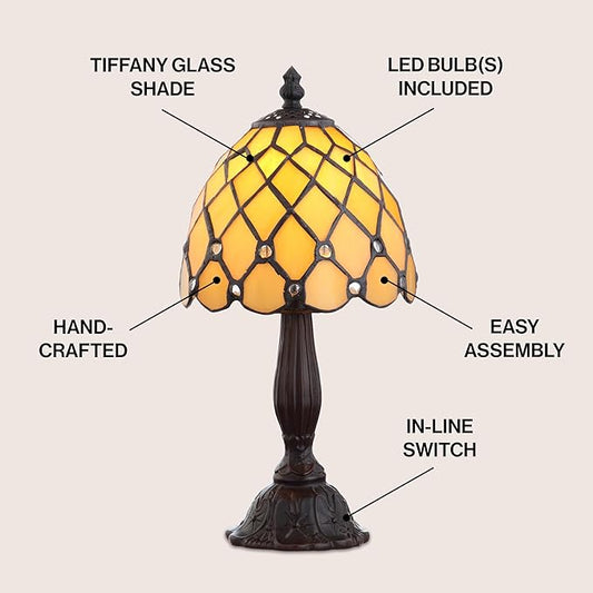 JONATHAN Y 12.5" Bronze Tiffany-Style LED Table Lamp, Handcrafted Ivory Stained Glass Bell Shade with Jewels, Traditional Resin Accent Lamp for Bedroom, LED Bulb Included JYL8015A