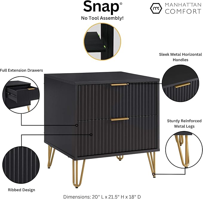 Manhattan Comfort Dumbo Fluted Nightstand with 2 Drawers, Gold Metal Legs and Metal Handles, Snap Tool-Free Assembly, Modern Bedside Accent Table with Storage for Bedroom, Living Room, Office in Black