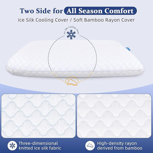 Ultra Thin Flat Pillows for Sleeping Standard Size Set of 2, Cooling Memory Foam Pillow 2.75 inch Height Ultra Thin Pillow,Slim Bed Pillows for Stomach Back Sleeper,16x25 Inch