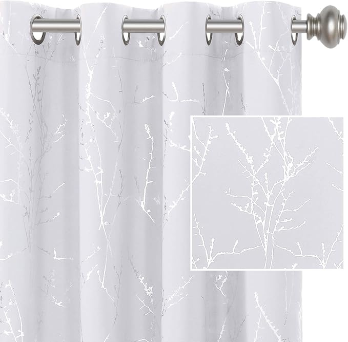H.VERSAILTEX White Curtains for Bedroom Foil Print Twig Tree Branch Thermal Insulated Grommet Curtain Drapes Light Blocking Thick Soft Window Curtains for Living 52 x 63 Inch, 2 Panels, Pure White
