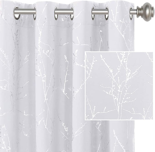 H.VERSAILTEX White Curtains for Bedroom Foil Print Twig Tree Branch Thermal Insulated Grommet Curtain Drapes Light Blocking Thick Soft Window Curtains for Living 52 x 63 Inch, 2 Panels, Pure White