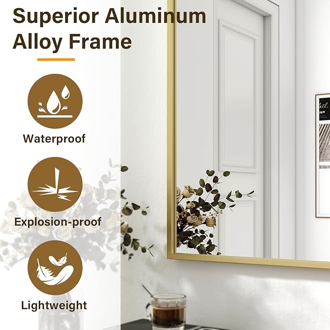HARRITPURE 24"x32" Framed Bathroom Mirror for Wall Rectangle Mirror Aluminum Alloy Frame Wall-Mounted for Farmhouse Entryway Bedroom Living Room Gold