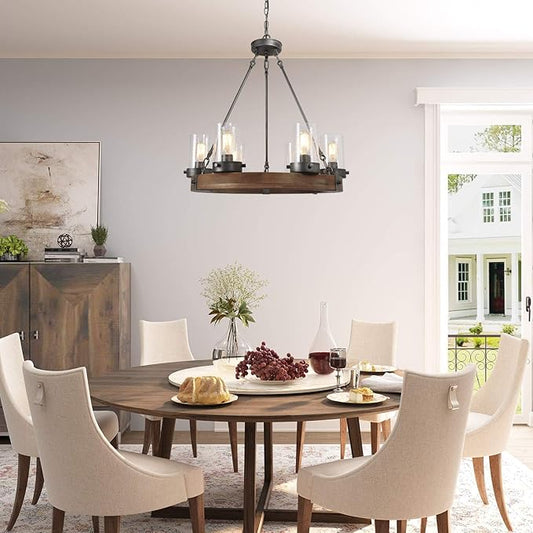 Farmhouse Wood Chandelier, Round Wagon Wheel Light Fixture with Seeded Glass Shades for Dining Room, Living Room, Bedroom, Kitchen Island and Foyer
