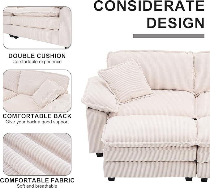 Modular Loveseat Sectional Sofa, 84.6" Corduroy Comfy Sectional Couches for Living Room, 3-Seater Cloud Couches with Movable Ottomans, Flexible Combination Modern Deep Seat Sofa | Thickness Cushions, Solid Wood Frame, Pillow-top Armrest
