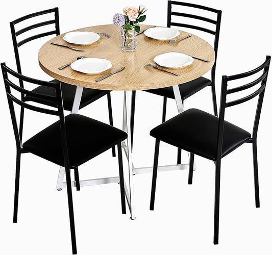 VECELO Round Dining Table Set for 4, Wood Tabletop & Heavy-Duty Steel Frame, 8-Piece Dinette with Chairs for Kitchen, Breakfast Nook, Natural & White