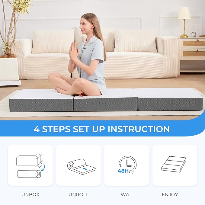 MASVIS Trifold Mattress, 6 Inch Memory Foam Foldable Mattress with Washable Cover, Tri-Folding Floor Bed for Camping, Queen