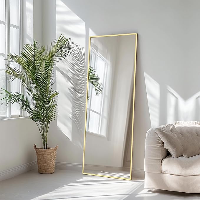 Gold Floor Mirror, Full Body Mirror with Aluminum Metal Frame, Floor Mirrors for Nursery, Baby Room, Entryway, Party, Dressing Room. (48x16 inch, Gold)