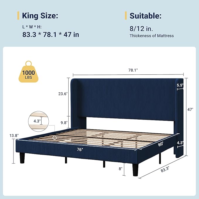 SHA CERLIN King Size Corduroy Upholstered Platform Bed Frame with Vertical Channel Tufted Wingback Headboard, 8" Under Bed Storage, Wooden Slats & Metal Frame Support, Easy Assembly, Dark Blue