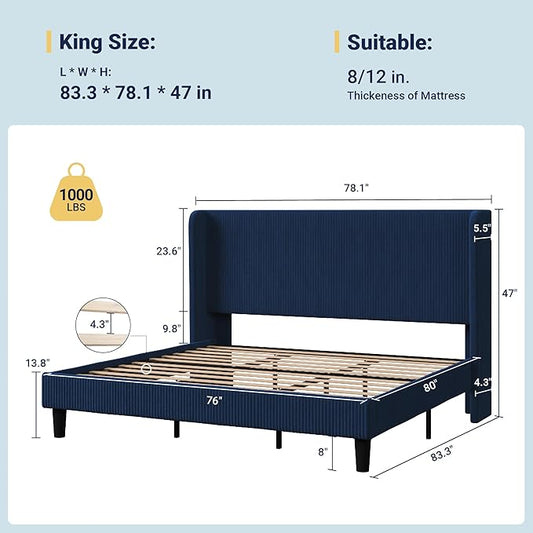 SHA CERLIN King Size Corduroy Upholstered Platform Bed Frame with Vertical Channel Tufted Wingback Headboard, 8" Under Bed Storage, Wooden Slats & Metal Frame Support, Easy Assembly, Dark Blue