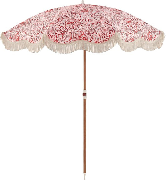 6FT Fringe Beach Umbrella for Sand, Boho Coastal Patio Umbrella with Tassels, UPF 50+ Sun Protection, Tilt, Carry Bag for Beach Vacation & Pool, Reef Crimson