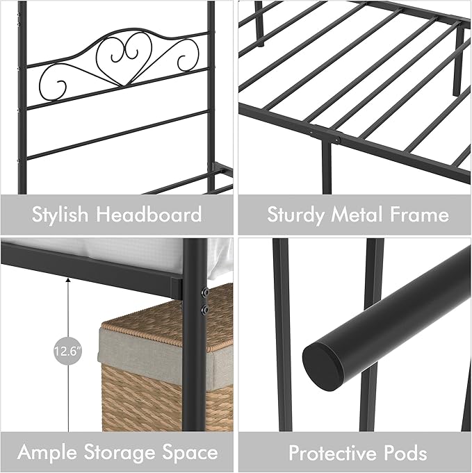VECELO Twin Canopy Bed Frame with Headboard and Footboard, Metal Four Posters Design, Mattress Foundation Platform with Steel Slats Support, Underbed Storage Space, No Box Spring Needed, Black