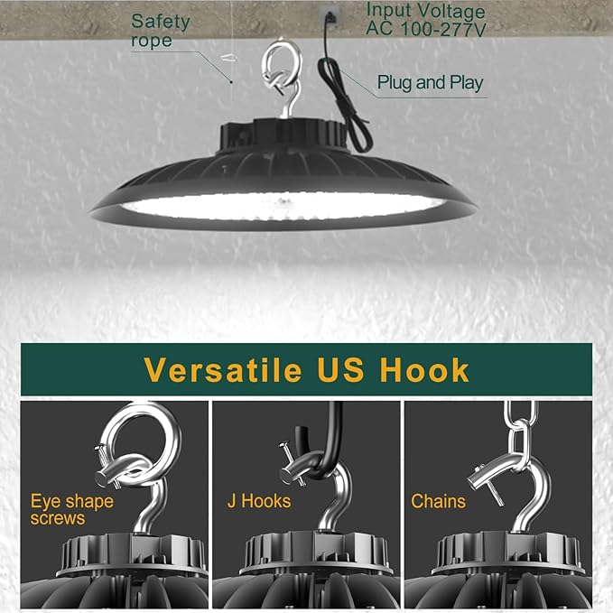 2Pack 600W UFO LED High Bay Light 5000K Daylight, 90,000 Lumens Super Bright, 100-277V Wide Voltage, Commercial High Bay Lighting for Warehouse Factory Gym, 3.3' Cable & US Hook, Plug& Play