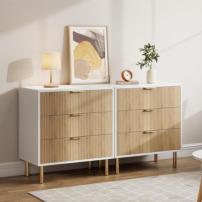 IDEALHOUSE Natural Dresser, Modern 3 Drawer Dresser for Bedroom with Gold Handle and Large Drawer, Wood Double Chest of Drawers and Storage Organizer for Living Room, Hallway, Entryway