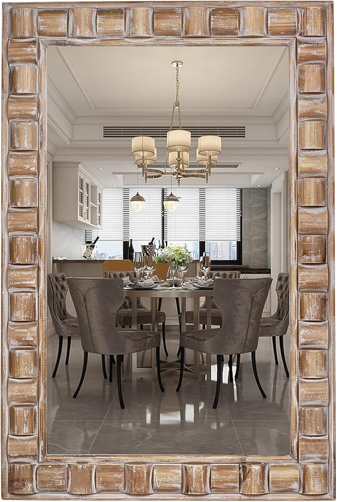36x24 Inch Rustic Rectangle Wall Mirror - Solid Wood Frame Bathroom Vanity Mirror for Over Sink, Entryway, Living Room & Bedroom