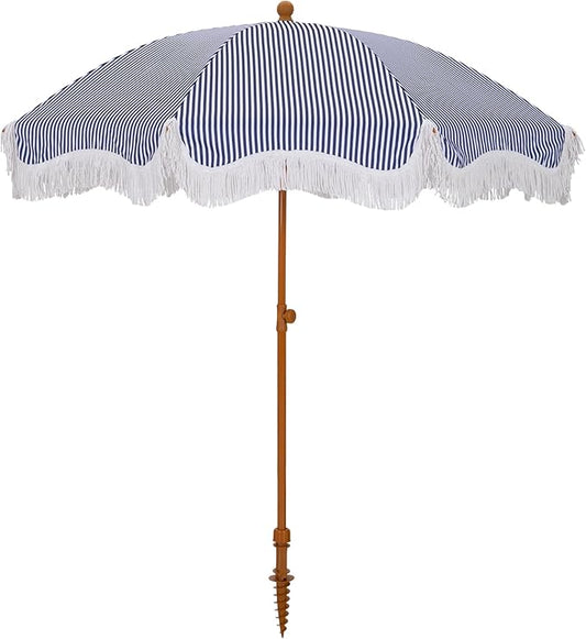 HERA'S PALACE 7ft Heavy Duty Beach Umbrella with Sand Anchor, Fringe Umbrella for Sand, UV 50+, Patio Umbrella with Tilt Pole for Garden Pool Backyard