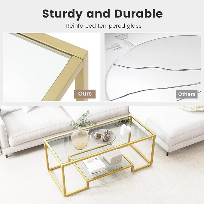 NAFORT Tempered Glass Coffee Table, 45 Inch Gold Rectangular Modern Center Table with Lower Storage Shelf