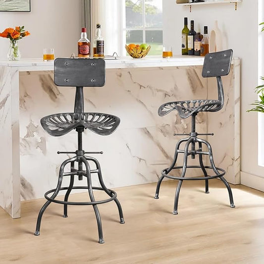 Diwhy Industrial Design Metal Adjustable Height Backrest Chair Vintage Tractor Saddle Bar Stool (Silver)