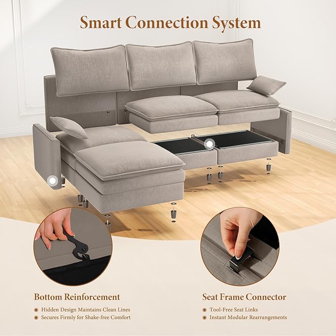 Vesgantti 108" U Shaped Sectional Couch, Comfy Cloud Modular Sectional Sofa with 2 Ottoman Deep Seat Chenille Modern Cloud Sofa, Modular Sofas for Living Room, Bedroom and Apartment, Light Brown | Sink-in Comfort, Height Adjustable, Easy Rearrangement,...
