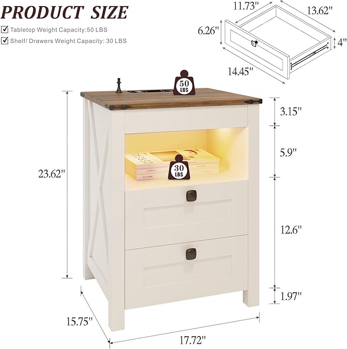 Farmhous Nightstand with Gun Drawer,Bedside Table with Charging Station, Gun Night Stand with LED Light & Human Sensor,Smart End Table for Bedroom, Antique White