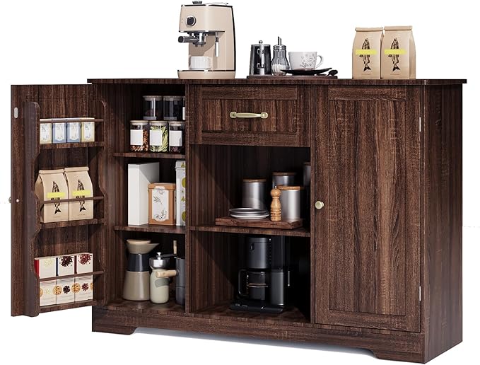 Gizoon Kitchen Sideboard Buffet Cabinet with Storage Coffee Bar Cabinet with Drawer, Kitchen Pantry Storage with Door and Shelves for Bathroom and Living Room, Dark Brown