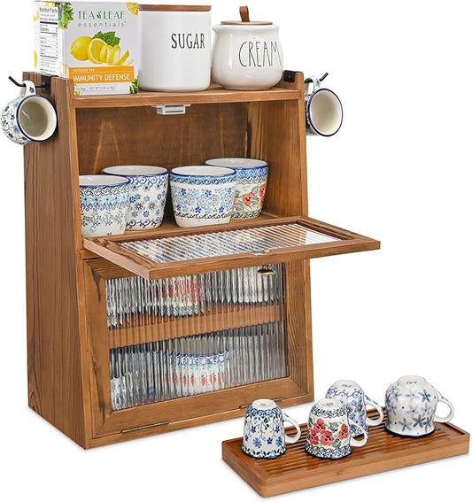 Ikee Design Rustic Wooden 2-Tier Countertop Storage Cabinet with Wavy Doors, Cupboard Organizer with Removable Bamboo Tea Tray, for Kitchen Pantry, Cups, Brown Color, 12.1W x 6.3D x 15.7H in