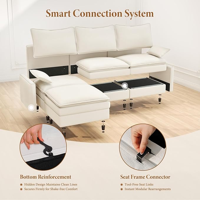 Vesgantti 142" U Shaped Sectional Couch, Comfy Cloud Modular Sectional Sofa with 2 Ottoman Deep Seat Chenille Modern Cloud Sofa, Modular Sofas for Living Room, Bedroom and Apartment, Snow White | Sink-in Comfort, Height Adjustable, Easy Rearrangement, ...