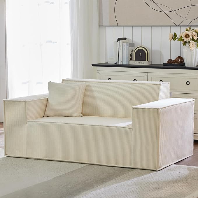 SUYOLS Corduroy Cloud Couch with Pillow, Premium Memory Foam, No Assembly Required, Deep Seat Sofa in Box, Space-Saving Chair for Home, Living Room, Bedroom, Apartment, Office, Loveseat, Beige