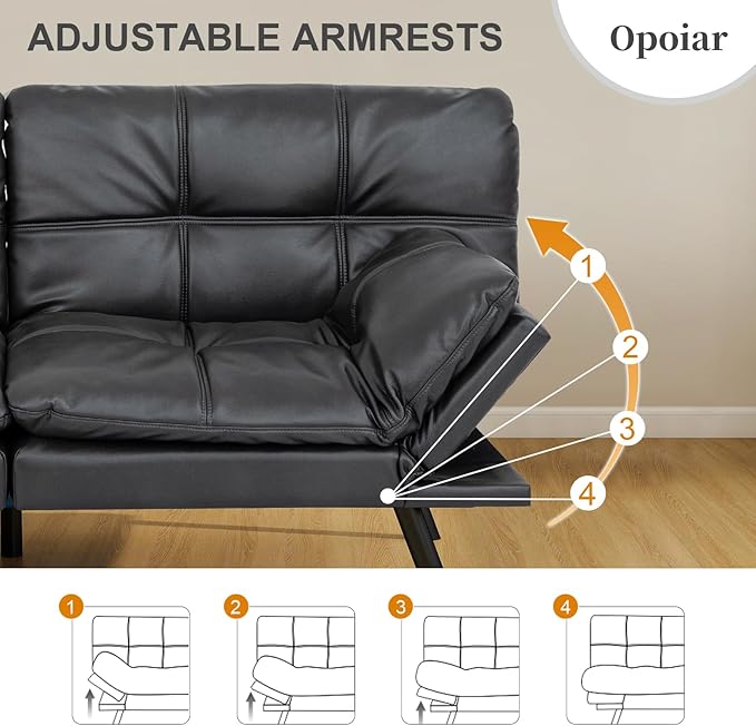 Opoiar Faux Leather Black Futon Sofa Bed Convertible Memory Foam Couch Bed Futon Sets Folding Modern Sleeper Sofa Loveseat for Studio,Drom,Apartment,Game Room and Small Space