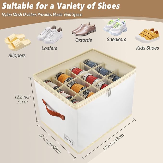 2 Pack Shoe Storage Box Organizer for Closet - 24 Cell Space Saver Shoes Containers Bin with Clear Lids Stackable, Can Fit Ottoman, Foldable Shoe Rack Cabinet Cubby for Wardrobe
