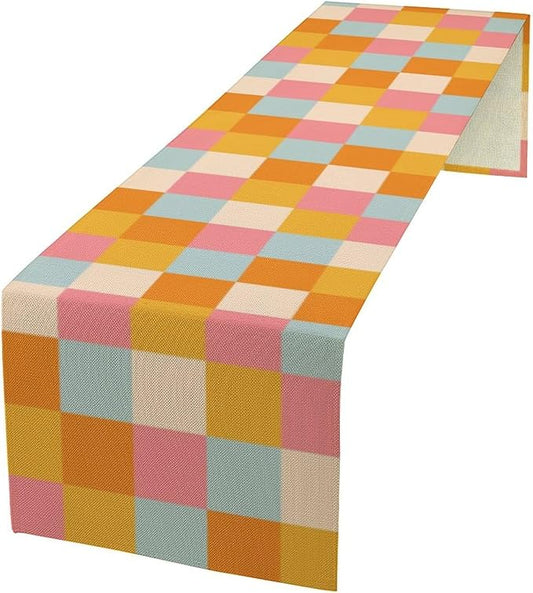 70s Hippie Table Runner Vintage Geometric Square Square Grid Yellow Orange Pink Blue 1960s 1970s Retro Country Farmhouse Dinner Runner for Living Room Kitchen Party Holiday Dinner Home Decor 13x36in