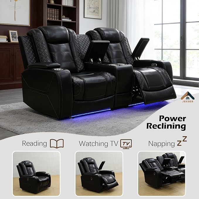 Power Reclining Sofa Set for Living Room, Leather Recliner Loveseat with Cup Holders, Storage Console for House/Home Teather(2 Seater Loveseat, Black)