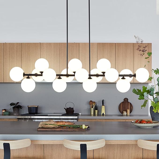 Linear Chandeliers for Dining Room, 55in Sputnik Chandeliers 16-Light Glass Globe Chandelier Black Milk White Bubble Modern Chandelier Large Pendant Lights Kitchen Island Lighting