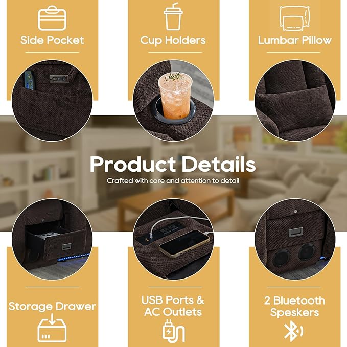 IPKIG Power Recliner Sofa with Flip-Up Backrest Console, USB & USB-C Ports, AC Outlet, LED Lights, Wall Hugger Recliners for Living Room, RV (Dark Brown, 67" - 3 Seat) | Velvet Fabric, Zero Gravity, Dual Reclining, 2 Lumabr Pillow, Bluetooth Speakers