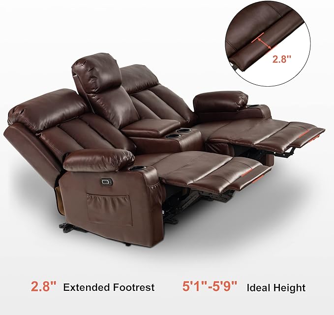 MCombo Zero Gravity Loveseat Recliner with with Console, Heat and Massage, Power Reclining Sofa for Living Room, Faux Leather 6095 (Dark Brown, Loveseat Recliner with Console)