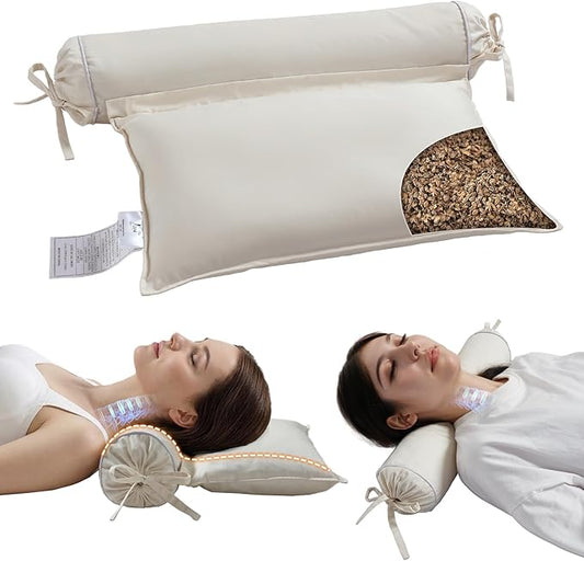 Buckwheat Pillow - 3 Point Support Buckwheat Hull Pillow for Less Pain, 2IN1 Tartary Buckwheat Neck Roll Pillow for Best Support, Adjustable Cervical Neck Pillow with Organic Cotton Pillowcase