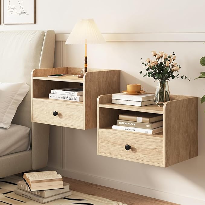 Floating Nightstand Set of 2 Modern Night Stands with Drawer and Open Shelf Cubby Small Bedside End Table with Charging Station Wall Mounted Nightstands Set 2 for Bedroom Natural