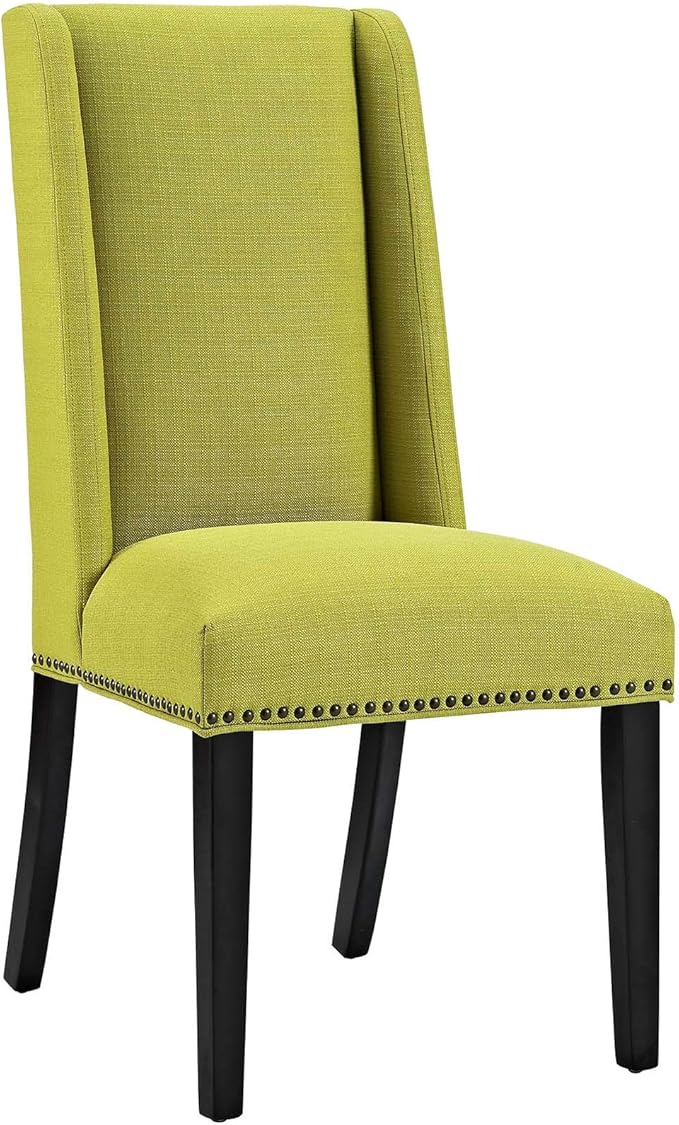 Modway Baron Modern Tall Back Wood Upholstered Fabric Parsons Two Kitchen and Dining Room Chairs with Nailhead Trim in Wheatgrass