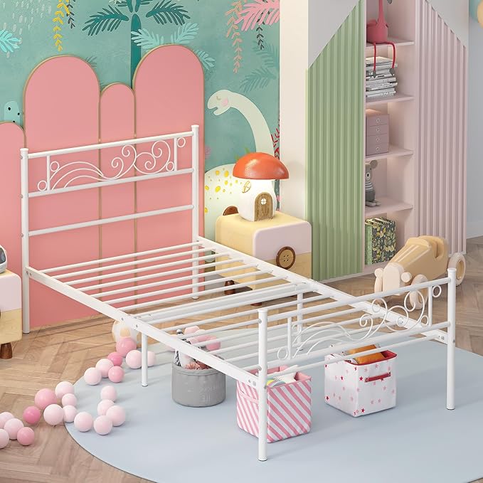 Weehom Twin Size Bed Frame with Headboard No Box Spring Needed Platform Single Bed for Kids, White