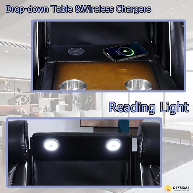 3 Piece Living Room Furniture Set with Cup Holders, Power Recliner Sofa Set, Black Breathing Leather Reclining Couch with LED Lights/Charging Ports/Storage Console for Living Room/Office