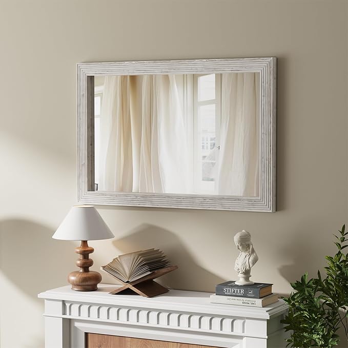 ULIKE Rustic Mirror for Bathroom, Farmhouse Mirror with Wood Frame, 24x36 Inch White Vanity Mirrors for Wall Decor of Bedroom or Living Room, Vertical or Horizontal Hanging, Rectangle
