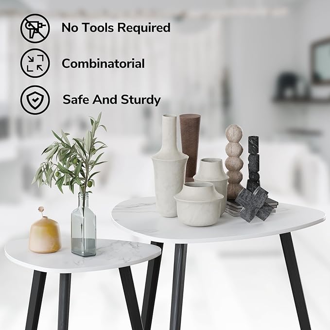 BAMEOS Bamboo Nesting Triangle End Table,Set of 2 Side Table Modern Minimalist Coffee Table for Living Room (Marble White)