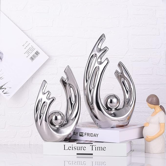 LCCCK 12" H Silver Aesthetic Room Decor Accent, TV Stand Funky Table Centerpiece, Abstract Art Ceramic Statue and Sculpture, Silver Decor for Living Room, Bookshelf Decorative Objects, Shelf Decor