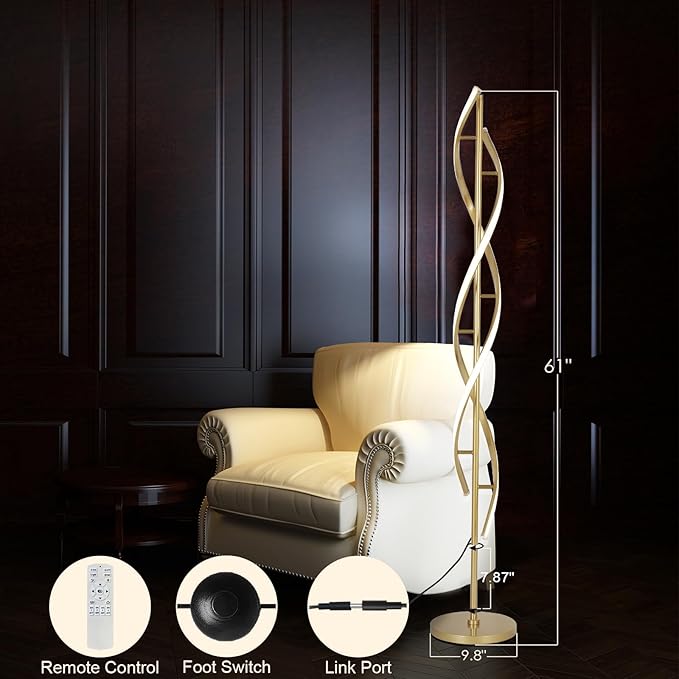DNA 61" Tall Lamp with Dimmable Rmoete Control,Gold Spiral Beside Corner Modern Floor Lamp for Bedroom,3 Color Temperatures Lamp Standing Lamp for Living Room,Dining Room(Gold)