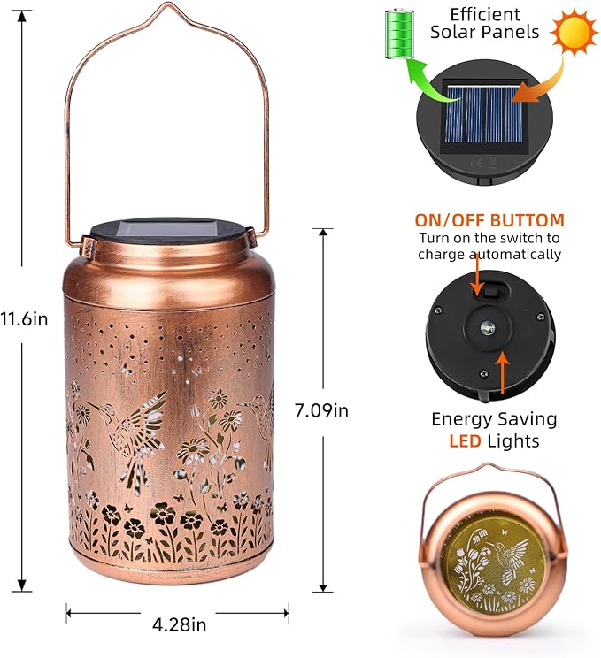 Hummingbird Solar Lanterns Outdoor Hanging Waterproof Hummingbird Light Garden Decor Metal Solar Lights Gifts for Women Men Outside Lantern Decoration for Yard,Porch,Patio,Backyard,Lawn