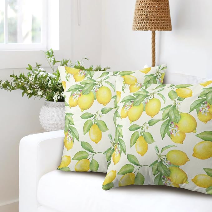 Lemon Pillow Covers 18x18 Set of 2 Summer Fruit Yellow Lemon with Green Leaf Floral Decorative Pillows Cases Watercolor Outdoor Square Cushion Cover for Farmhouse Living Room Decor