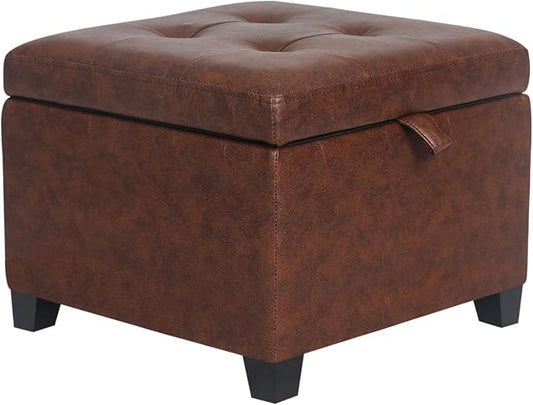 Adeco Faux Leather Storage Ottoman, 17.5" Square Cube Foot Stool with Hinged Lid & Wood Legs, Upholstered Button Tufted Footrest for Living Room, Bedroom Entryway, Reddish Brown
