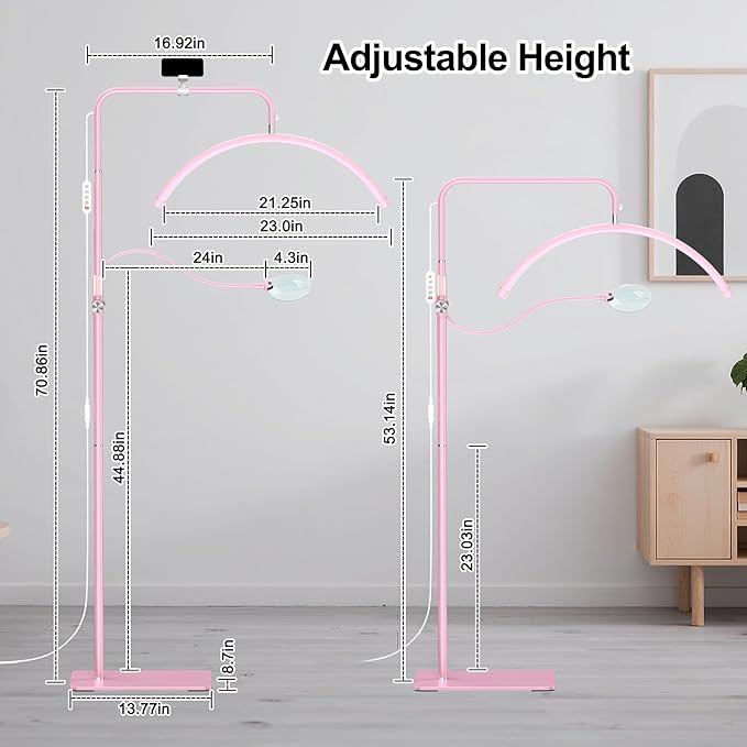 AURELLE Half Moon Lash Light - Adjustable LED Floor Lash Lamp with 4X Magnifier & Phone Holder for Eyelash Extensions,Nail Art,Tattoo,Skincare,Salon SPA-Dimmable Brightness,Rotating Head, Pink