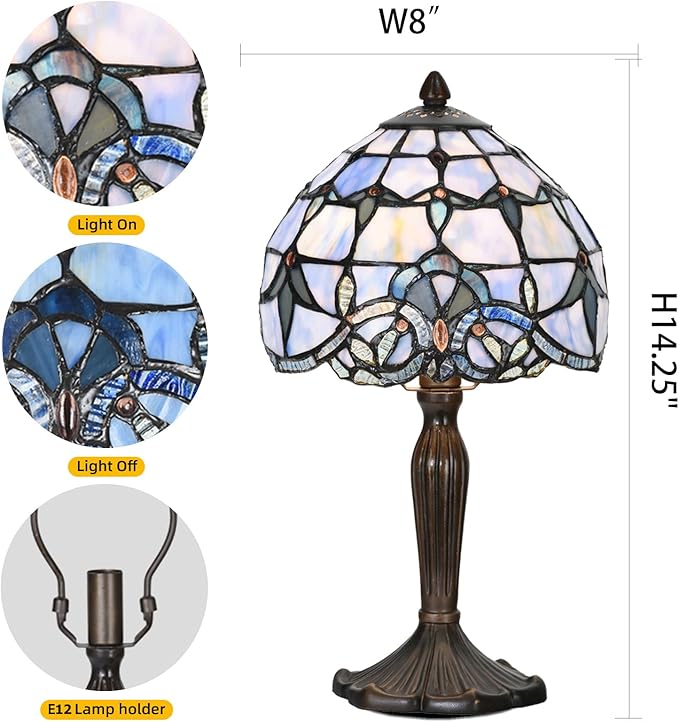 TL0006 Small Tiffany Lamp Baroque Design Handcrafted Stained Glass Table Lamp for Small Space Bedroom Bedside Nightstand Home Office, 8" W x 14.25" H, LED Bulb Included (Blue Baroque)